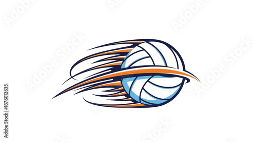 Dynamic illustration of a volleyball in motion with speed lines and an orange swoosh.