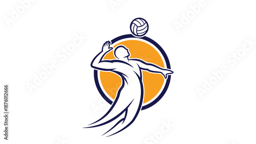 Silhouette of a volleyball player in action, spiking the ball over a circular background.