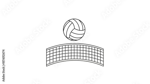 A simple black and white line drawing of a volleyball above a net.
