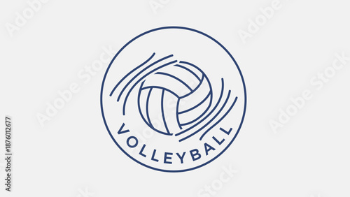 A minimalist blue line art logo featuring a volleyball with the word "VOLLEYBALL" encircling it.