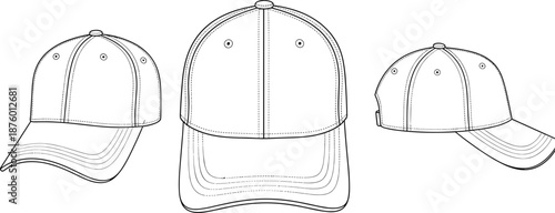 cad drawing flat vector illustration, baseball cap sketch, fashion accessory template, garment technical design, multi-angle view, cap blueprint