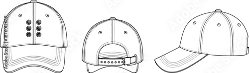cad drawing flat vector illustration, baseball cap sketch, fashion accessory template, headwear technical design, adjustable strap view, cap blueprint