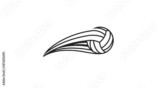 A stylized black and white illustration of a volleyball in motion, with dynamic lines suggesting speed and trajectory.