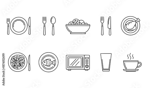 Tableware and Food Outline Icon Set with Cutlery and Kitchen Symbols