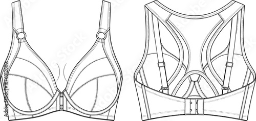 cad drawing flat vector illustration, bra sketch, lingerie template, fashion undergarment design, racerback view, supportive structure, bra blueprint
