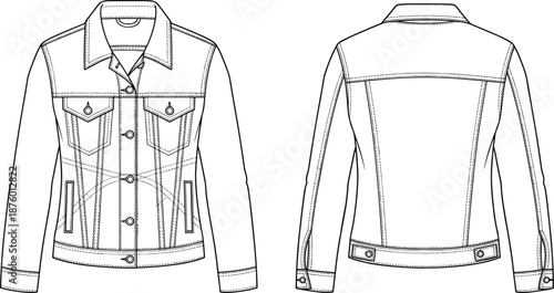 cad drawing flat vector illustration, denim jacket sketch, fashion outerwear template, garment technical design, seam detail view, jacket blueprint