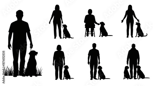Diverse silhouettes of people and their dogs showcasing companionship and responsible pet ownership