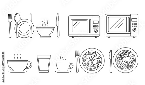 Restaurant Tableware Line Icon Pack with Food and Cutlery Symbols