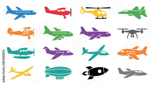Collection of colorful aircraft icons featuring various types of planes, a helicopter, drone, and rocket in a flat vector graphic style for transportation and travel concepts