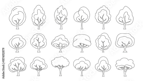 Set of hand-drawn stylized trees in outline, a diverse collection for design