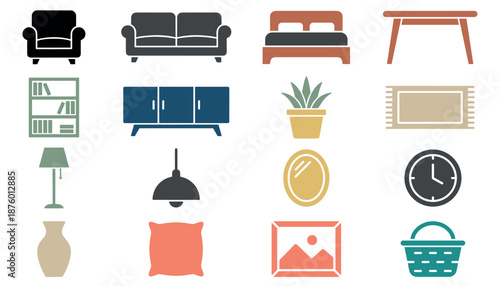 Set of home furniture and decor icons featuring a sofa, bed, lamp, and clock in a minimalist flat design style for interior design concepts and graphic elements
