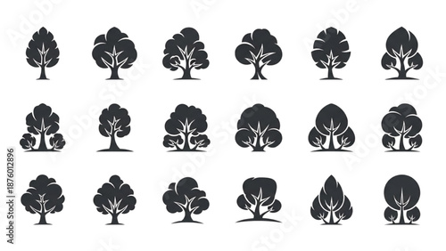 Collection of stylized deciduous tree icons for nature and environmental themes