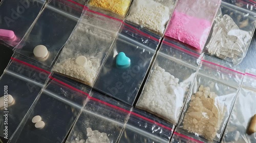Pink and blue hearts shaped pills in plastic bag near other drugs. Valentine day concept as love addiction, love drugs. Valentine's Day and depression. Choose love over drugs. Addiction crisis.