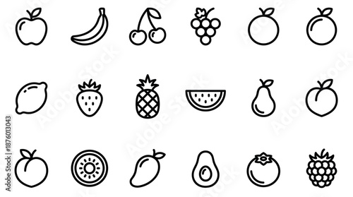Large set of fruit icons in a minimalist black outline style showing various healthy foods like apple, banana, strawberry, pineapple, and avocado for graphic design elements