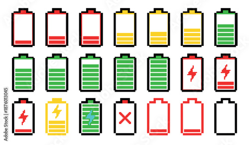 Pixel art battery charge level indicator icons set showing various states from empty to full, low power, and charging for a retro 8-bit video game user interface