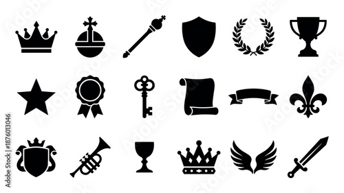 Collection of black royal heraldic icons including crowns, a shield, sword, key, trophy, and scepter, representing power, victory, and nobility in a flat graphic style