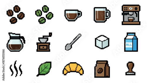 Collection of coffee themed pixel art icons showing beans, a grinder, an espresso machine, a cup, milk, sugar, and a croissant in a retro 8-bit video game style