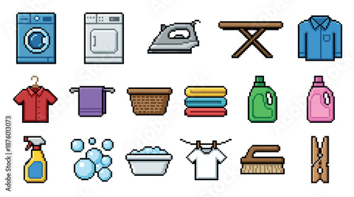 Collection of pixel art laundry icons showing a washing machine, dryer, iron, clothes, and cleaning supplies in a colorful retro 8-bit video game style illustration