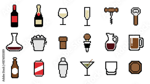 Collection of pixel art icons showing various alcoholic beverages and bar accessories in a retro 8-bit style, featuring wine, beer, cocktails, and tools for serving drinks