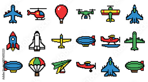 Colorful pixel art icon set of various flying vehicles and aircraft for a retro video game aesthetic, featuring a plane, rocket, helicopter, drone, and hot air balloon