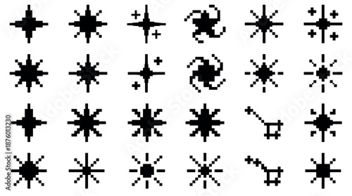Set of black pixel art star, sparkle, and galaxy icons in a retro 8-bit video game style, featuring various celestial shapes and symbols for user interface design