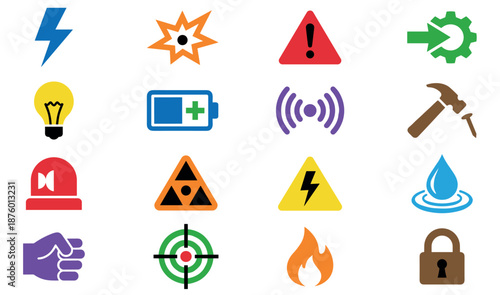 Colorful set of flat vector icons representing various concepts like energy, danger, tools, and security, featuring a lightning bolt, warning sign, battery, and padlock