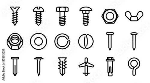 Collection of hardware fastener line icons showing various screws, bolts, nuts, washers, and nails in a simple, minimalist black and white graphic illustration style