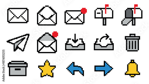 Set of colorful pixel art icons for email and user interface design, featuring envelopes, mailboxes, notification bells, arrows, and other classic 8-bit retro symbols