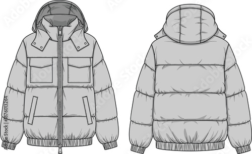 cad drawing flat vector illustration, puffer jacket sketch, fashion outerwear template, garment technical design, quilted view, jacket blueprint