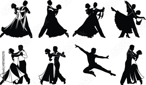 Elegant black silhouettes of ballroom dance couples, romantic dancers performing tango and waltz, formal dress, isolated on white background, vector. (20 words)