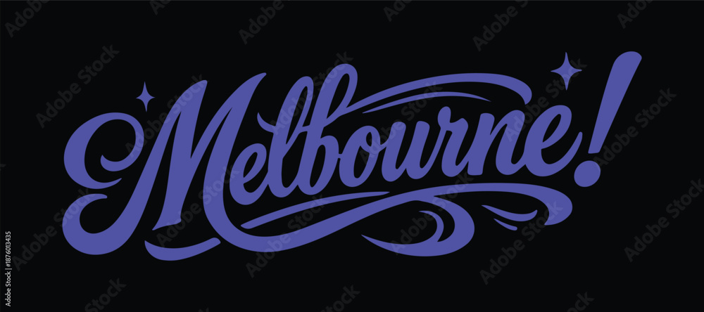 Obraz premium Vibrant Melbourne city name in purple cursive script with sparkles