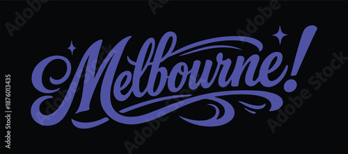 Vibrant Melbourne city name in purple cursive script with sparkles