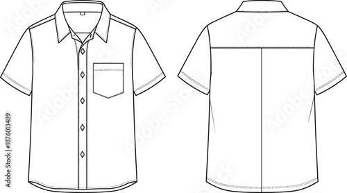 cad drawing flat vector illustration, short sleeve shirt sketch, fashion top template, garment technical design, chest pocket view, shirt blueprint