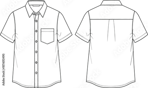 cad drawing flat vector illustration, short sleeve shirt sketch, fashion top template, garment technical design, box pleat view, shirt blueprint