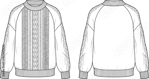 cad drawing flat vector illustration, sweater sketch, fashion knitwear template, garment technical design, cable texture view, sweater blueprint