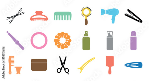 Collection of colorful hair styling tools and accessories including a comb, brush, scissors, and dryer, presented as a flat design icon set for beauty and salon concepts