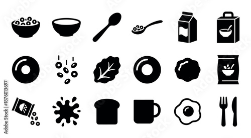 Collection of black breakfast food icons showing cereal, milk, fried egg, bread, and utensils in a simple, minimalist glyph silhouette style for graphic design elements