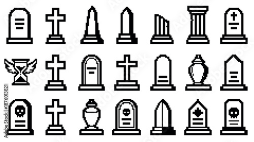 Set of black pixel art gravestone icons featuring various tombstone, cross, and monument shapes in a retro 8-bit video game style for Halloween or horror themes