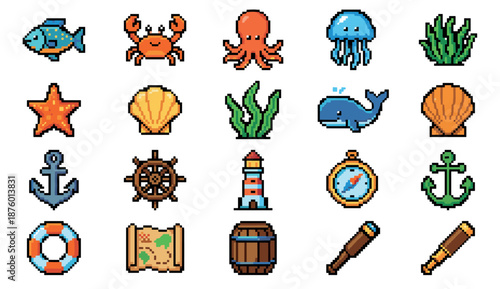Set of colorful pixel art icons featuring marine life and nautical pirate adventure elements like a fish, crab, octopus, anchor, and treasure map in a retro 8-bit video game style