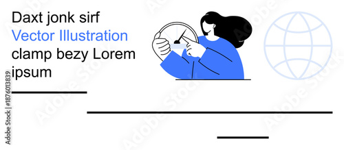 Transportation, navigation, global travel, online networking, learning environment, user interface. Woman holding a car wheel facing a globe symbol. Transportation and navigation concept