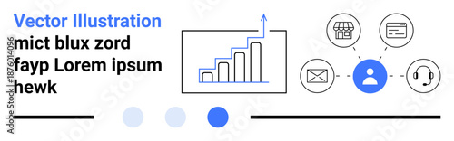Growth chart with upward arrow, user icon connected to five circular icons for messaging, email, calls, e-commerce, and management. Ideal for analytics, networking, marketing communication