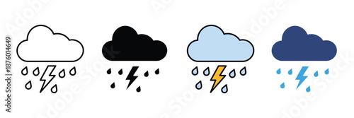 Thunderstorm weather icon set, rain cloud lightning symbol, storm forecast meteorology icon, severe weather illustration, vector illustration