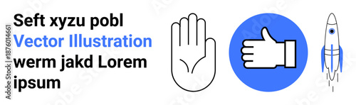 Communication, feedback, trust, innovation, space exploration, design concepts. Open hand, thumbs-up symbol rocket with text. Communication and feedback with clear icons