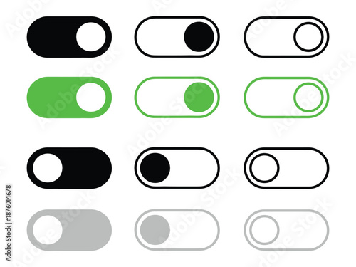 Toggle switch icon set, on off button UI control, settings switch interface symbol, mobile app toggle design, vector illustration