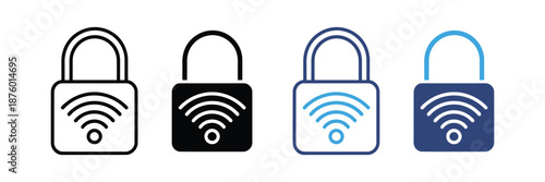 WiFi lock icon set, wireless security padlock symbol, smart lock internet protection icon, network access safety illustration, vector illustration