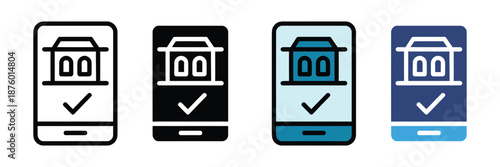 Mobile app verification icon set, online store approval symbol, smartphone shop verified badge, ecommerce app security icon, vector illustration