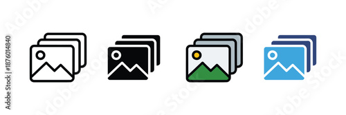Image gallery icon set, photo stack symbol, picture collection media icon, photo album UI element, vector illustration