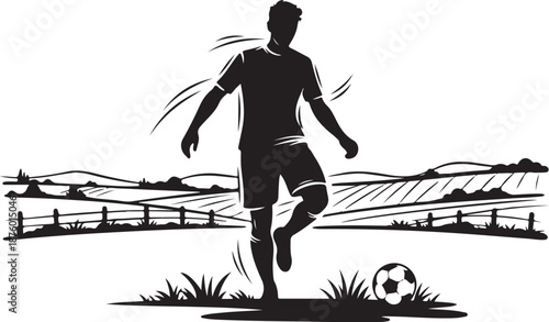 Silhouette of soccer player kicking ball in rural landscape