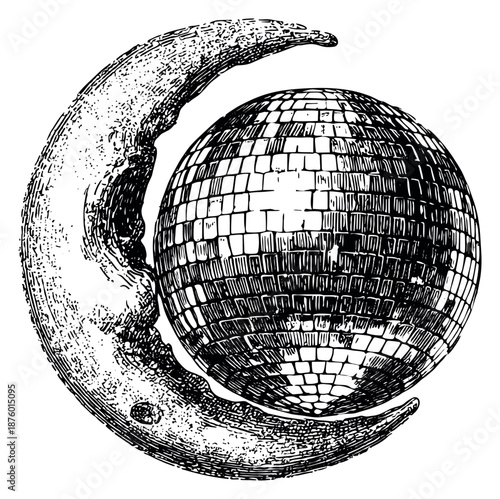 Hand drawn illustration of a crescent moon and a disco ball depicting an astral party for a nightlife event