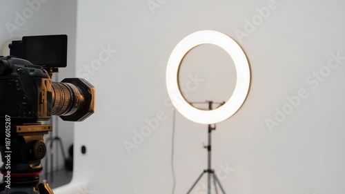 Studio camera tripod with illuminated ring light creating soft portrait glow. camera tripod filming
